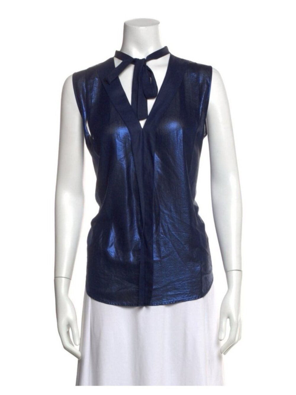 Sandro Authentic Metallic Blue Tank Tie Neck Blouse Top France 1 US 4 Small
